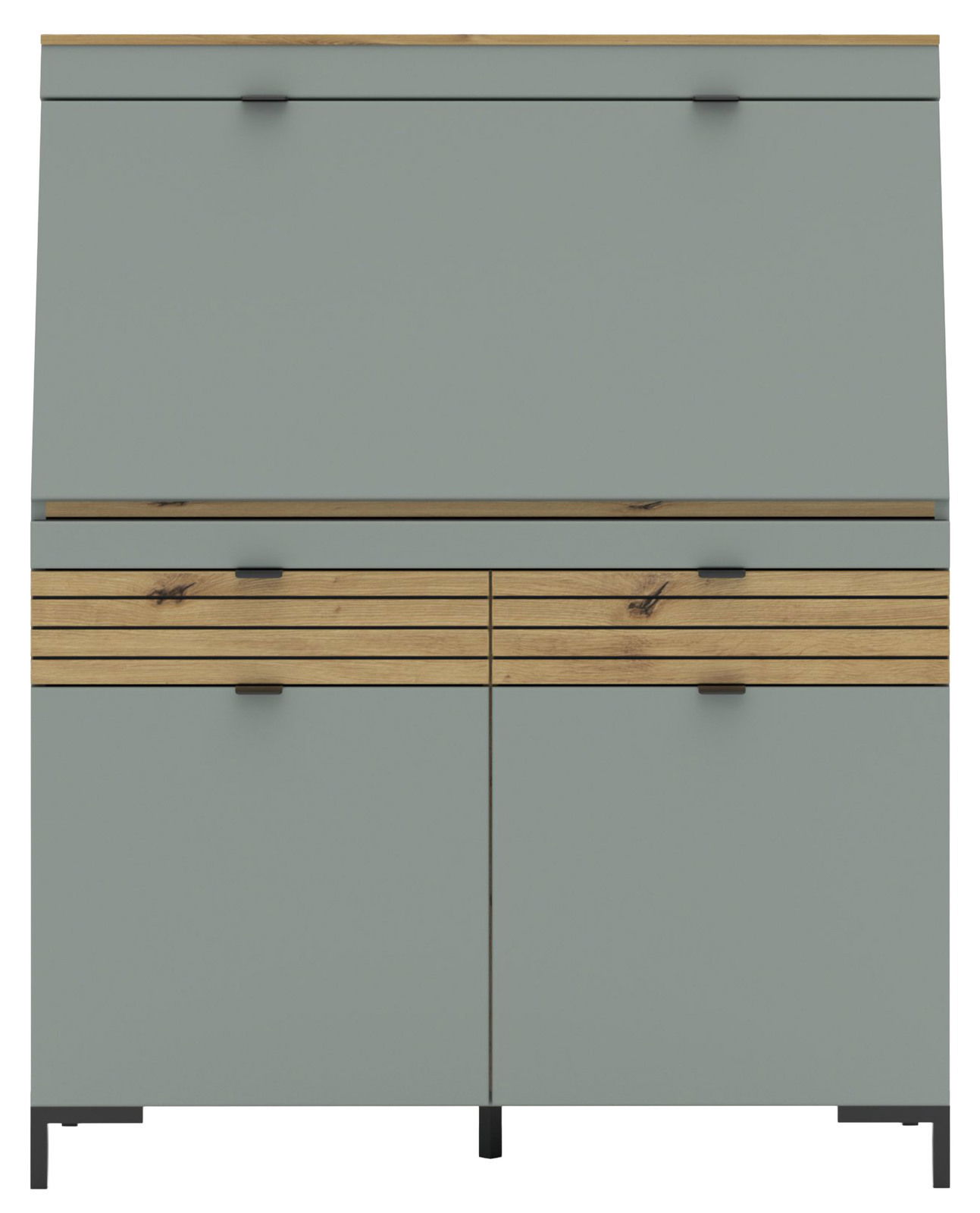 Moderner Sekretär in grauer Farbe mit Holzdetails, frontal abgebildet.