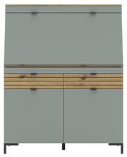 Moderner Sekretär in grauer Farbe mit Holzdetails, frontal abgebildet.