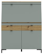 Moderner Sekretär in grauer Farbe mit Holzdetails, frontal abgebildet.