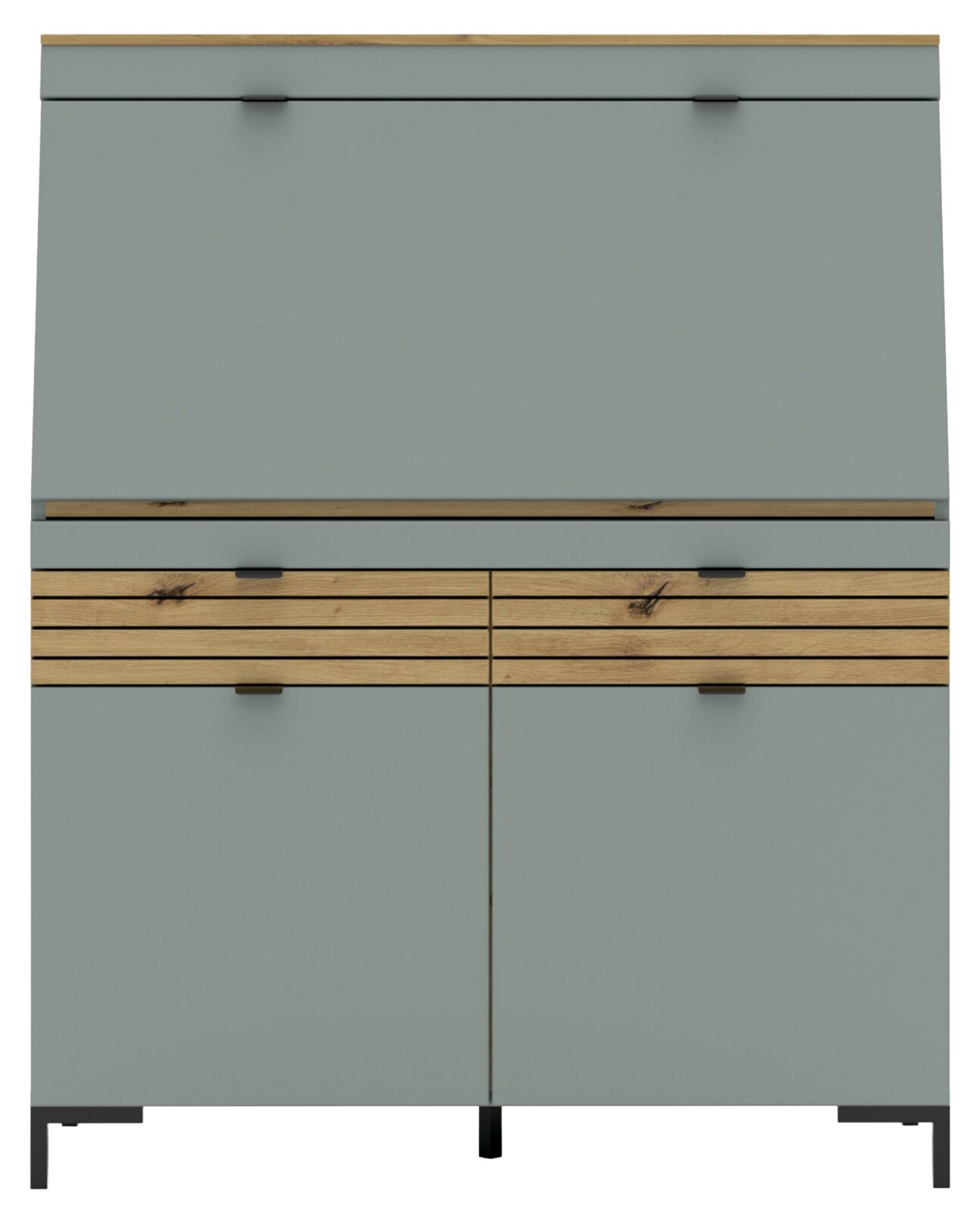 Moderne secretaire in grijze kleur met houten details, afgebeeld van voren.