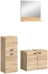 Badezimmermöbel-Set in Holzoptik, bestehend aus einem Spiegel mit Ablage, einem hohen Schrank und einem Unterschrank. Frontalansicht.