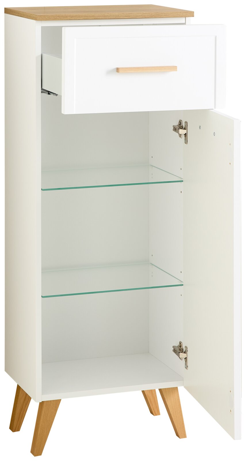 Moderner Unterschrank mit weißem Korpus, Holztop und Holzbeinen, einer Schublade und einer offenen Tür mit zwei Glasböden, seitliche Perspektive