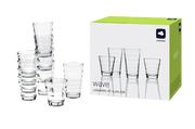 Becherset Wave 12-tlg. von Leonardo, bestehend aus gestapelten Gläsern und Verpackung, seitliche Perspektive