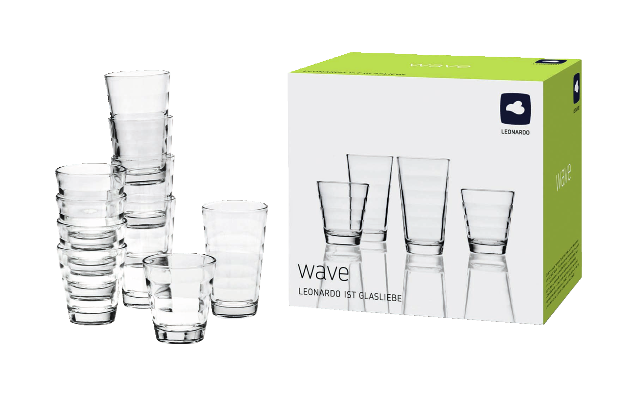 Becherset Wave 12-tlg. von Leonardo, bestehend aus gestapelten Gläsern und Verpackung, seitliche Perspektive