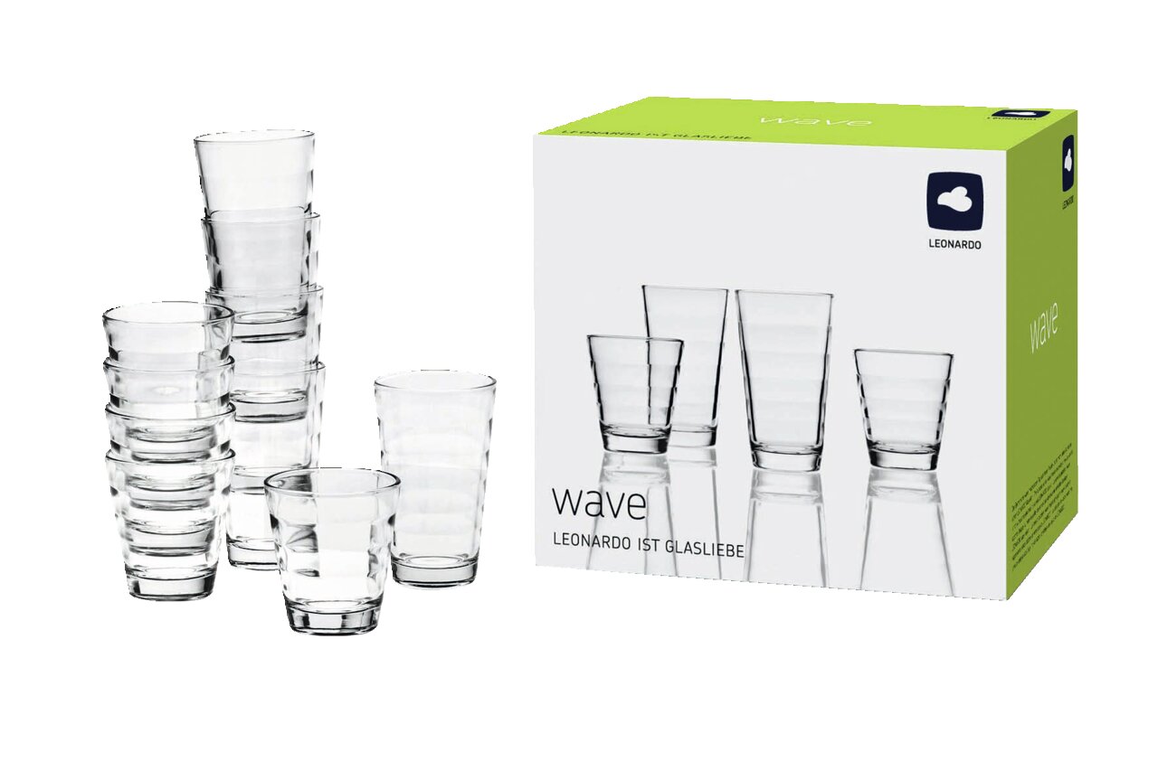 Becherset Wave 12-tlg. von Leonardo, bestehend aus gestapelten Gläsern und Verpackung, seitliche Perspektive