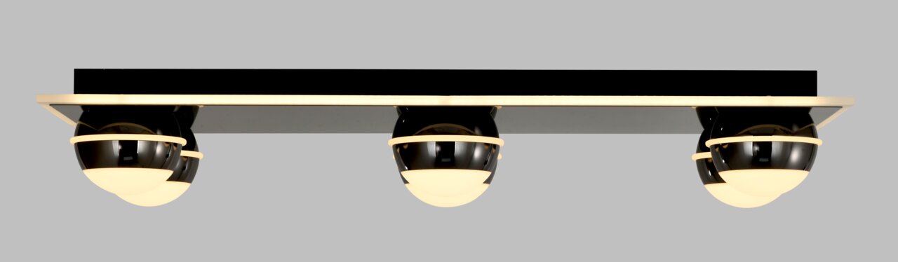 Moderne led-plafondlamp met drie bolvormige lampen, zijaanzicht
