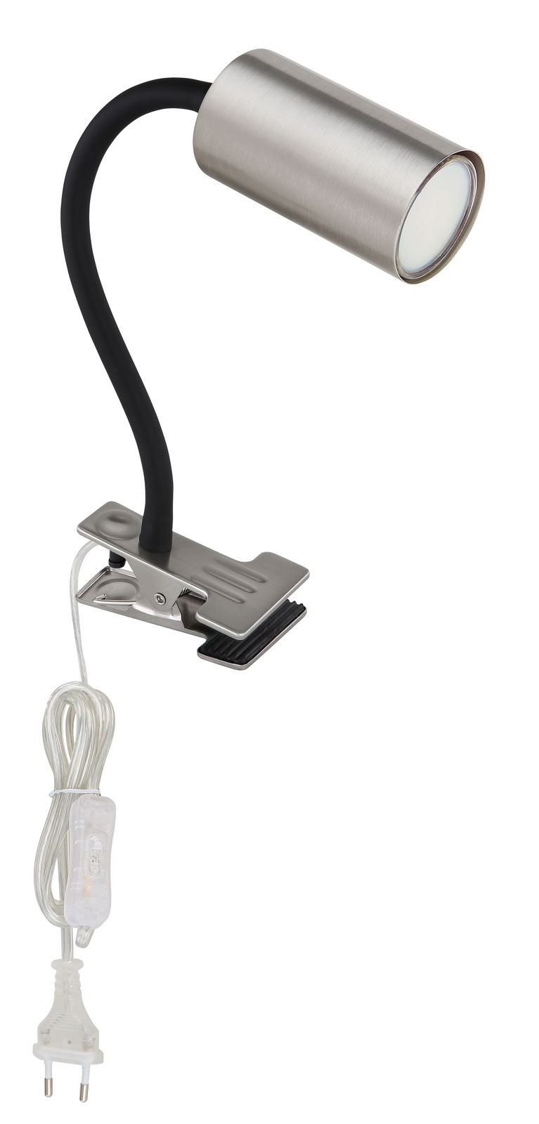 Klemmstrahler aus Metall in Nickeloptik mit flexiblem Hals und transparentem Kabel, seitliche Perspektive