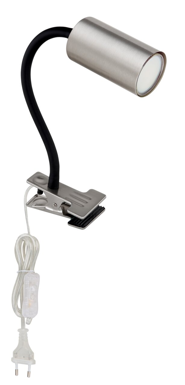Klemmstrahler aus Metall in Nickeloptik mit flexiblem Hals und transparentem Kabel, seitliche Perspektive
