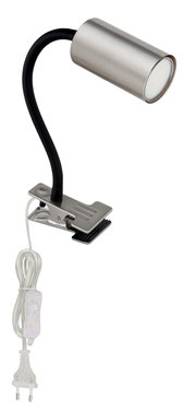 Klemmstrahler aus Metall in Nickeloptik mit flexiblem Hals und transparentem Kabel, seitliche Perspektive