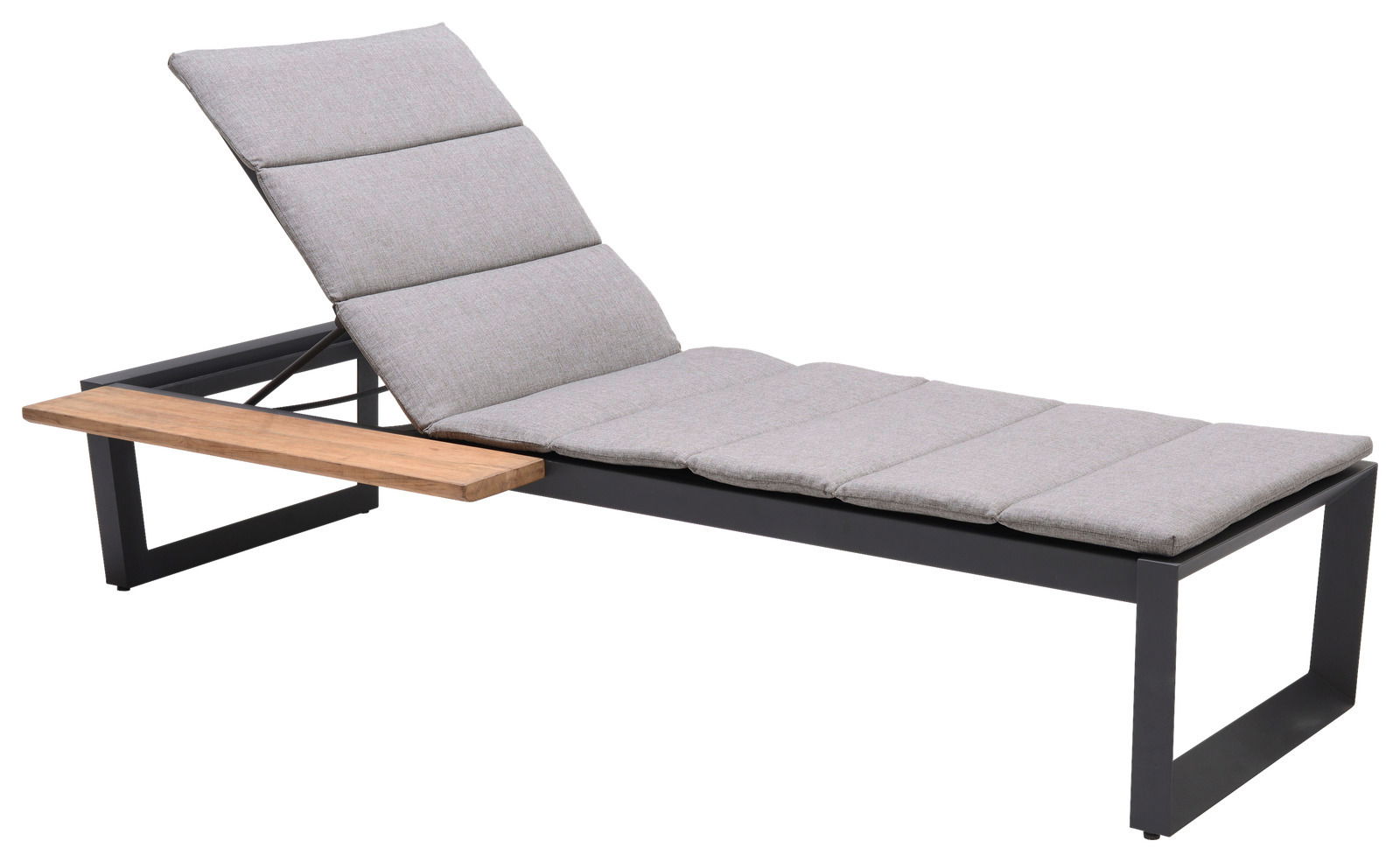 Moderne Liege mit grauem Polster und Holzablage, seitliche Perspektive