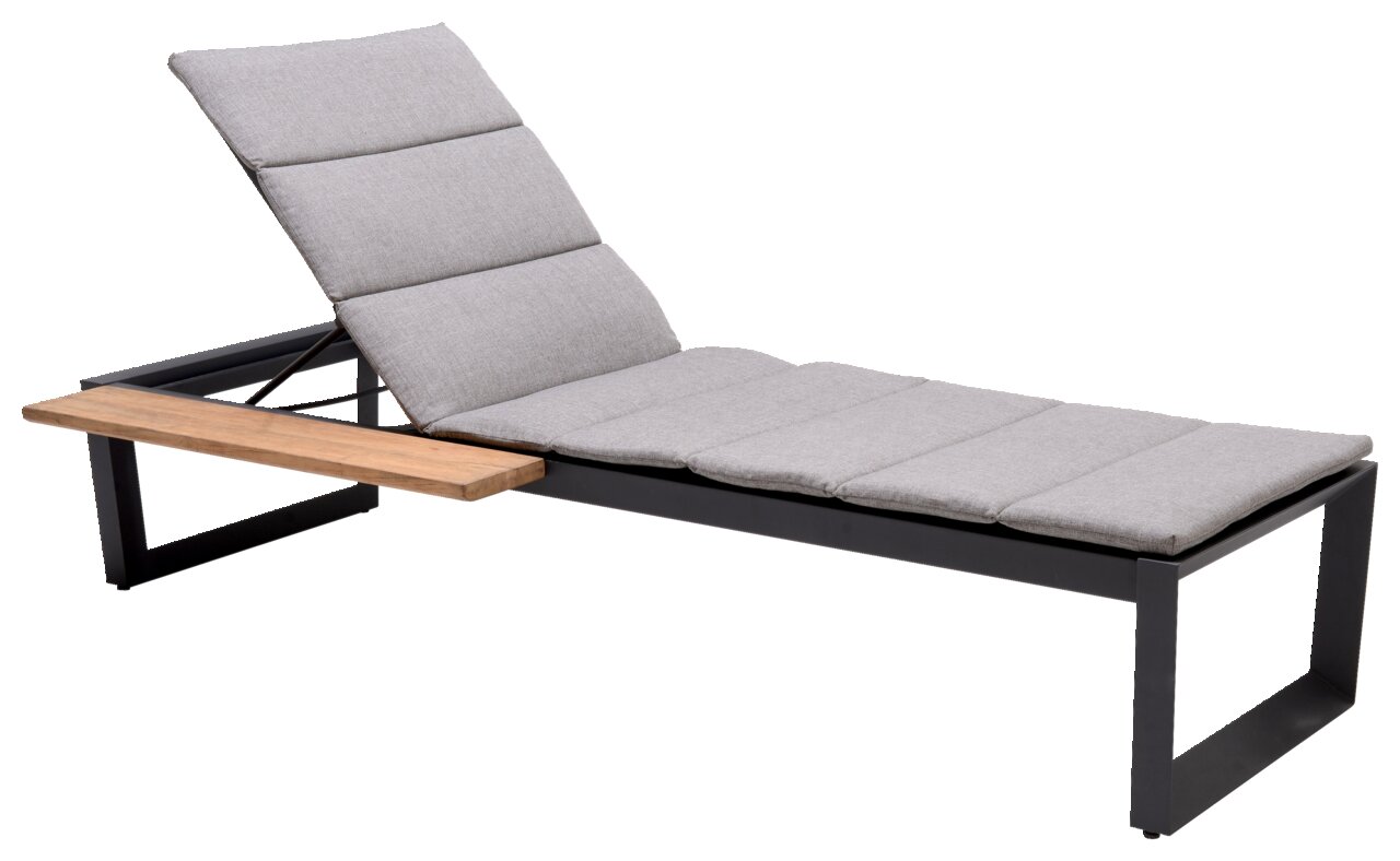 Amatio Liege JIMMY Moderne Liege mit grauem Polster und Holzablage, seitliche Perspektive