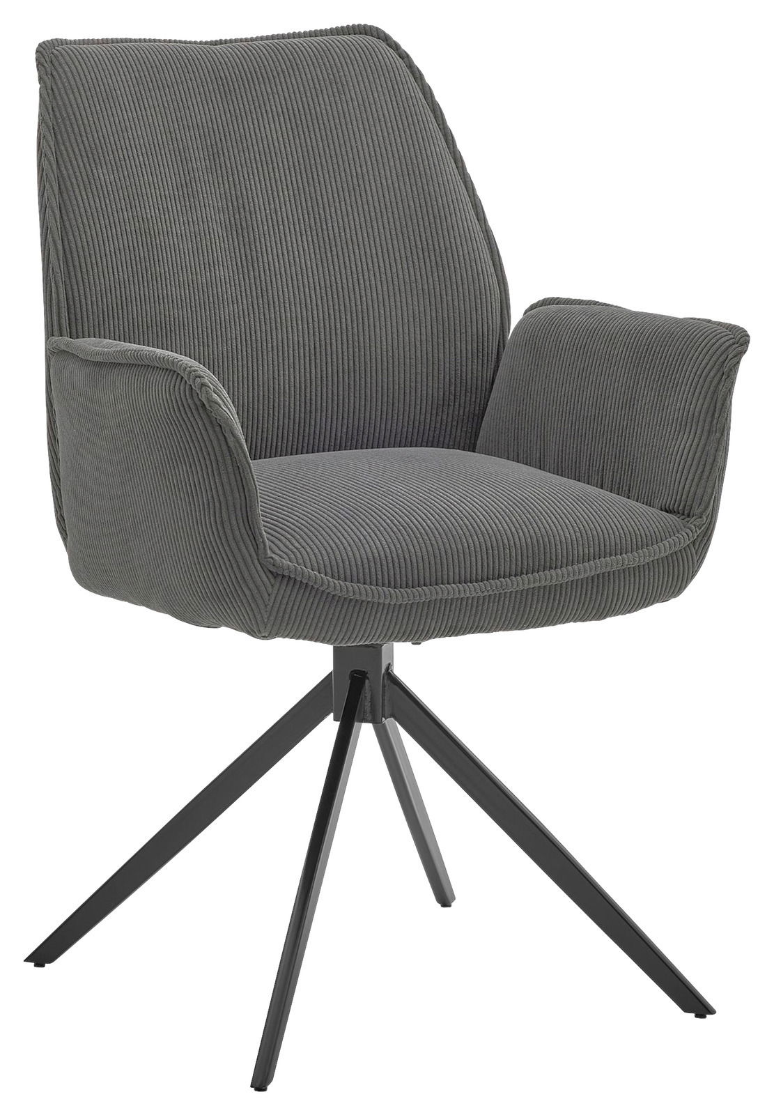 Grauer Armlehnstuhl mit geripptem Stoffbezug und schwarzem Metallgestell, seitliche Perspektive