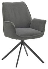 Grauer Armlehnstuhl mit geripptem Stoffbezug und schwarzem Metallgestell, seitliche Perspektive