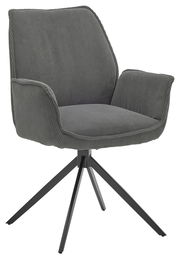 Grauer Armlehnstuhl mit geripptem Stoffbezug und schwarzem Metallgestell, seitliche Perspektive