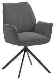 Grauer Armlehnstuhl mit geripptem Stoffbezug und schwarzem Metallgestell, seitliche Perspektive