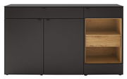 Frontale Ansicht eines modernen Sideboards in dunklem Design mit offenen Holzfächern auf der rechten Seite.