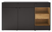 Frontale Ansicht eines modernen Sideboards in dunklem Design mit offenen Holzfächern auf der rechten Seite.