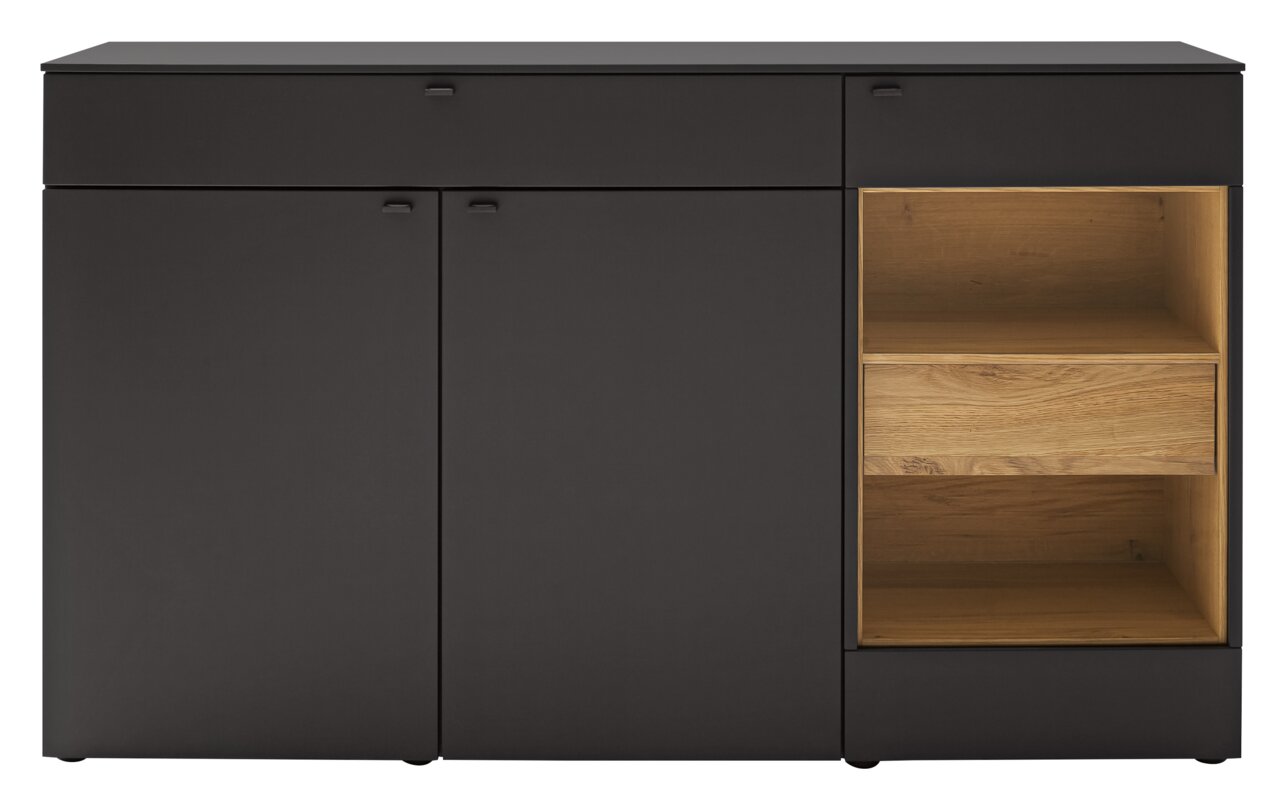 Frontale Ansicht eines modernen Sideboards in dunklem Design mit offenen Holzfächern auf der rechten Seite.