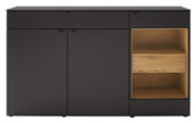 Vooraanzicht van een modern dressoir in een donkere uitvoering met open houten vakken aan de rechterkant.