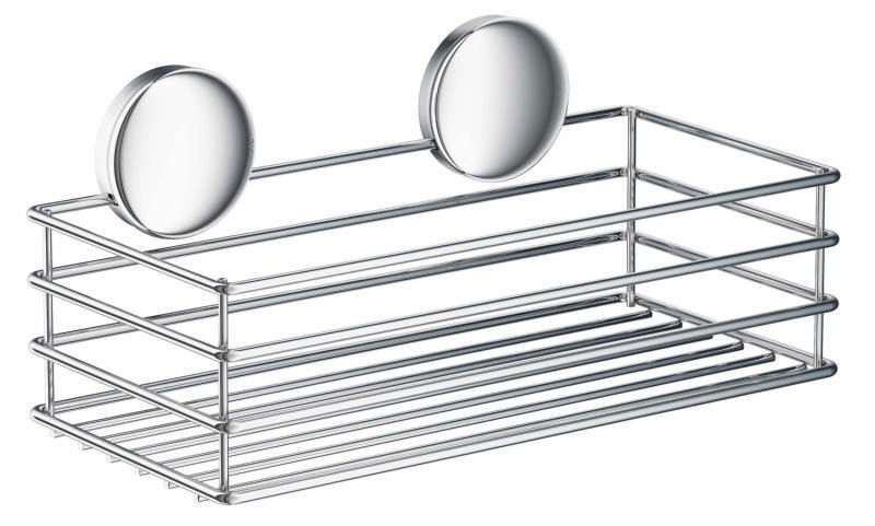 Verchromter Duschkorb mit zwei großen Saugnäpfen, seitliche Perspektive