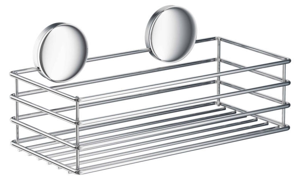 Verchromter Duschkorb mit zwei großen Saugnäpfen, seitliche Perspektive