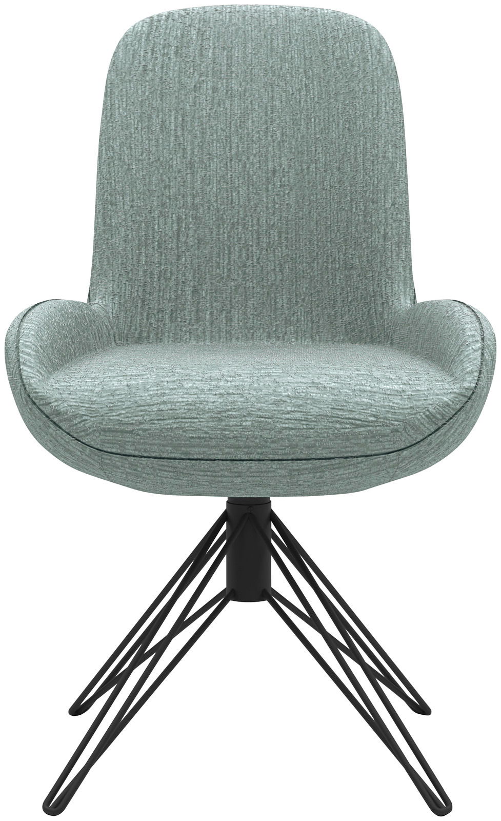 Moderner Stuhl mit grünem Stoffbezug und schwarzem Metallgestell, Frontalansicht