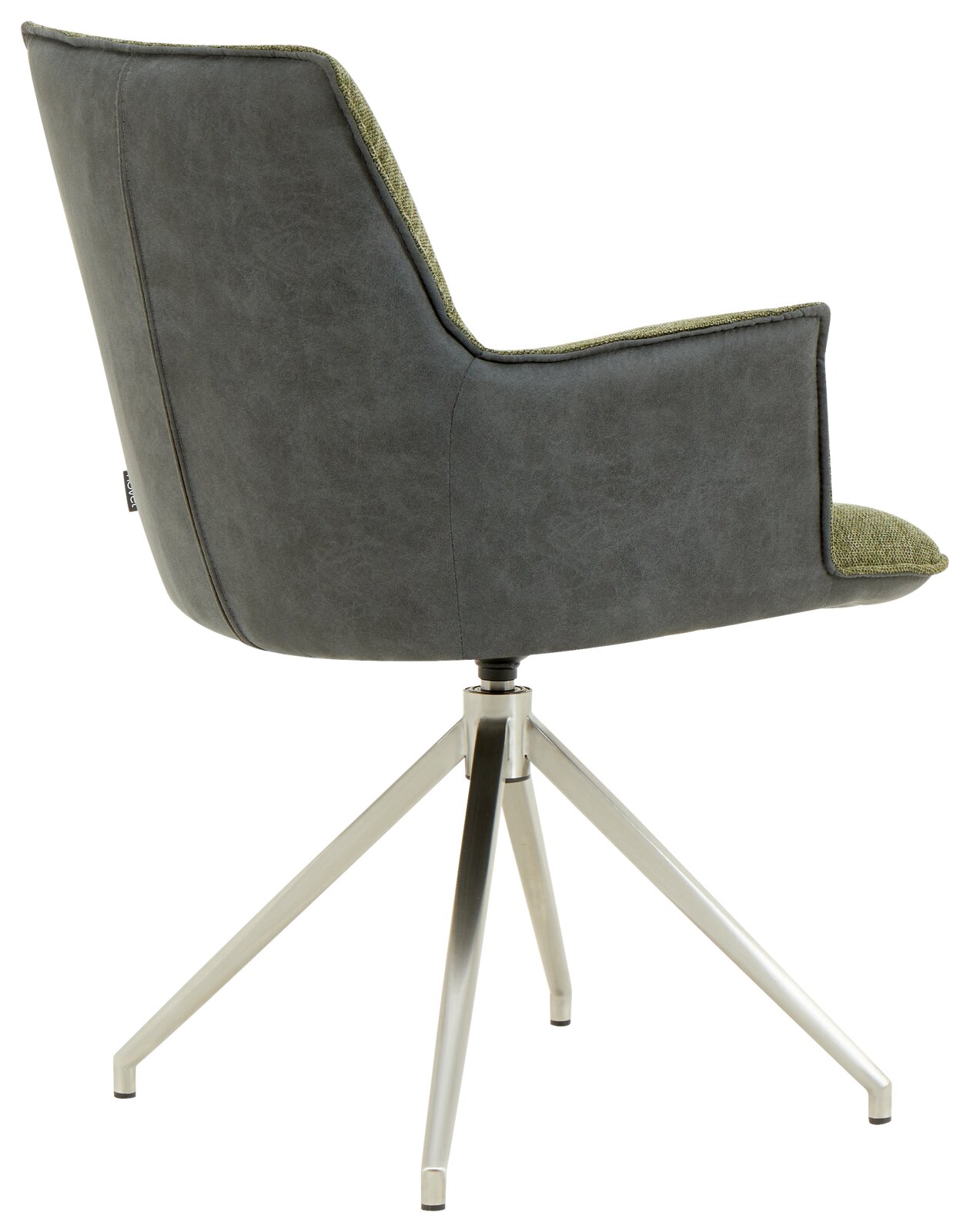 Moderner Sessel mit grauem Stoffbezug und grünem Innenpolster, seitliche Perspektive, auf einem drehbaren Metallgestell.