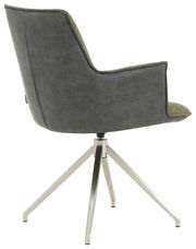 Moderner Sessel mit grauem Stoffbezug und grünem Innenpolster, seitliche Perspektive, auf einem drehbaren Metallgestell.