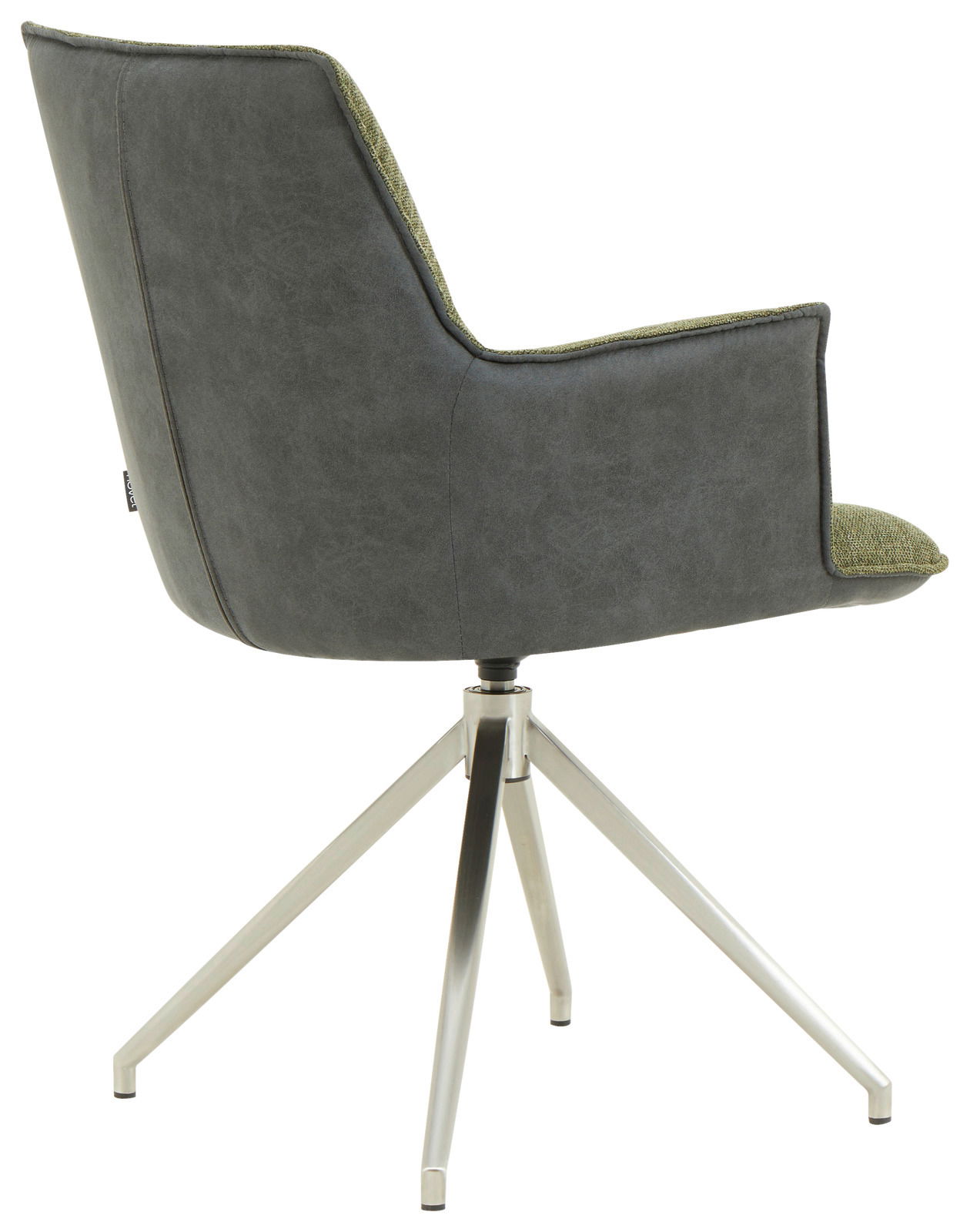 Moderner Sessel mit grauem Stoffbezug und grünem Innenpolster, seitliche Perspektive, auf einem drehbaren Metallgestell.