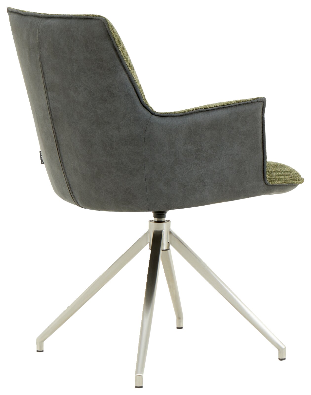 Moderne fauteuil met grijze stoffen bekleding en groene binnenbekleding, gezien vanaf de zijkant, op een draaibaar metalen onderstel.