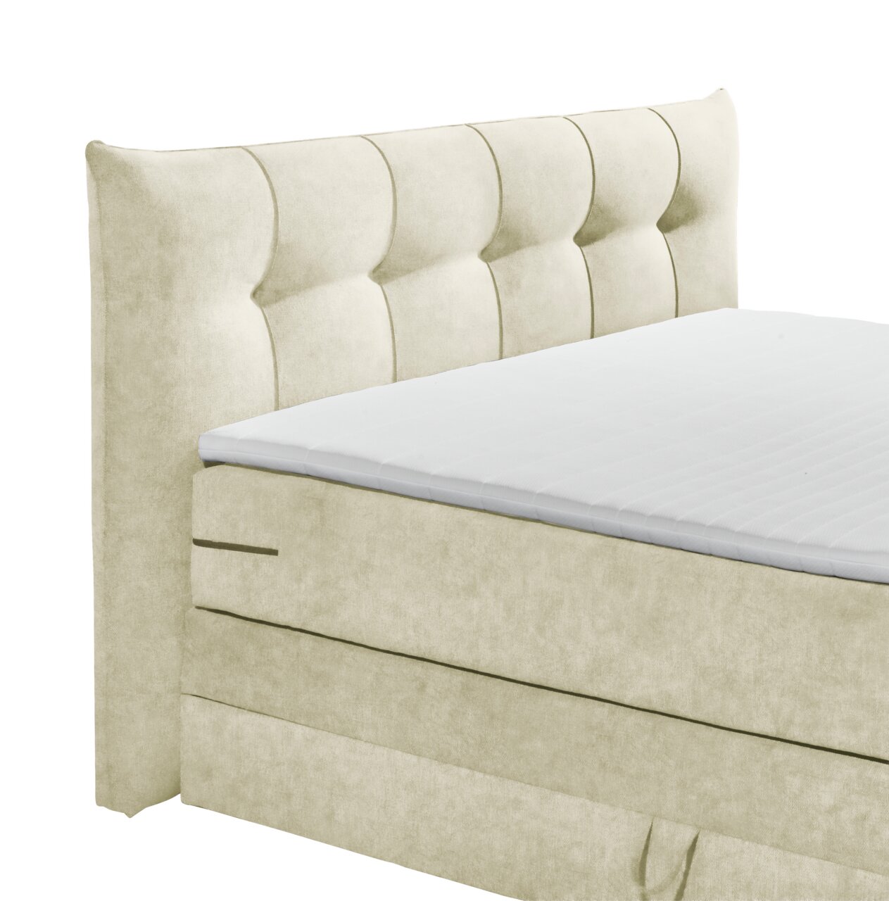 Beiges Boxspringbett mit gepolstertem Kopfteil, seitliche Perspektive