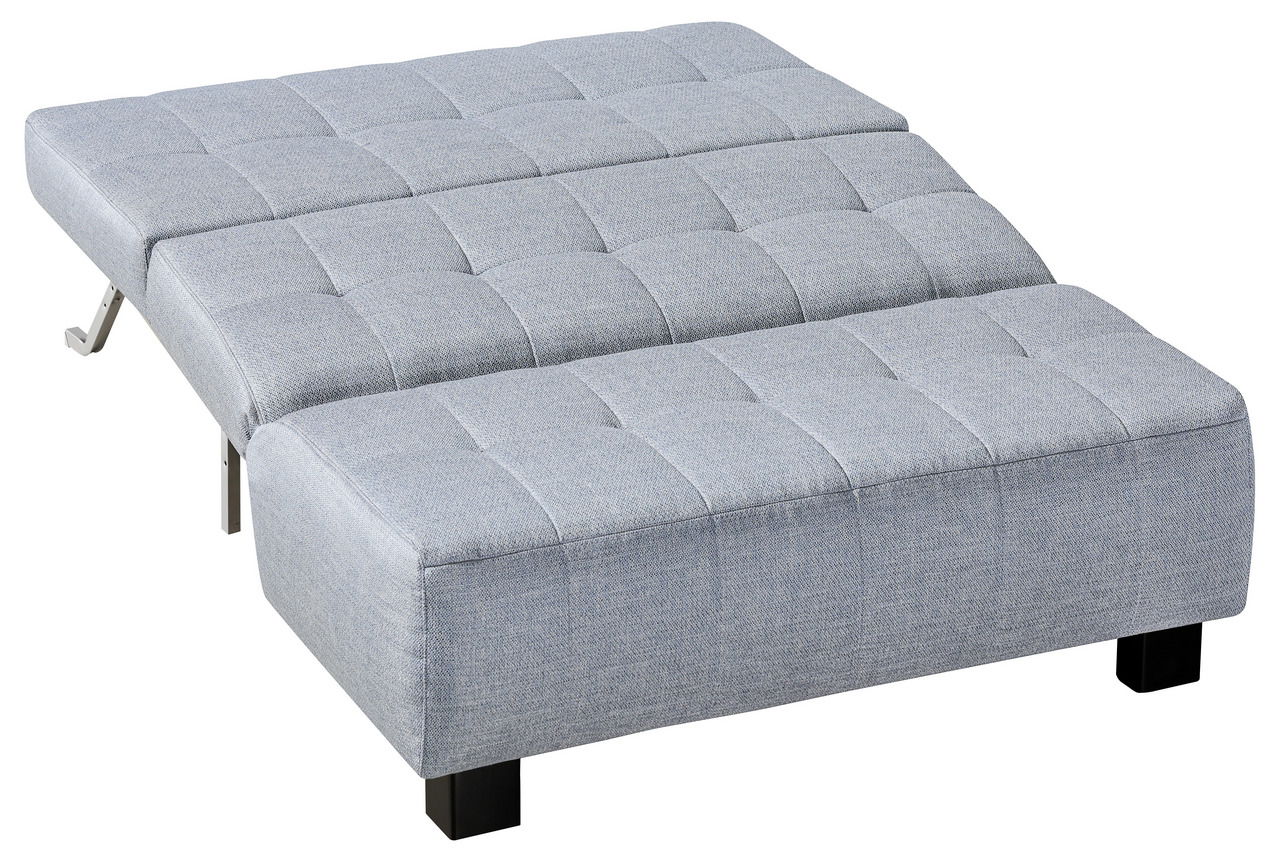 Graues Faltbett in aufgeklappter Position, seitliche Perspektive