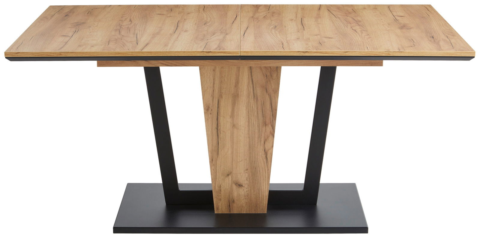 Moderner Esstisch aus Holz mit schwarzem Metallgestell, frontal betrachtet.