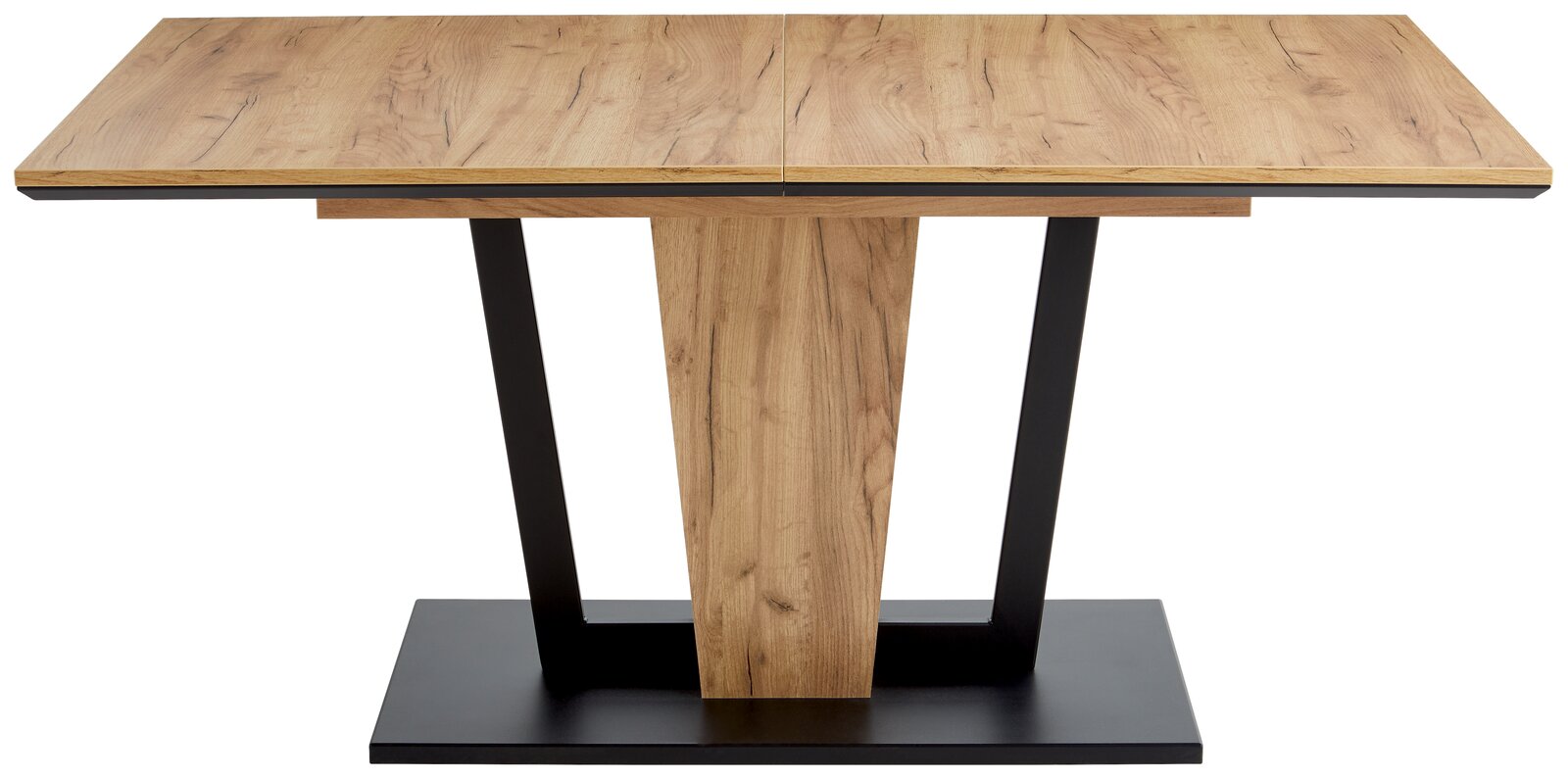 Moderner Esstisch aus Holz mit schwarzem Metallgestell, frontal betrachtet.