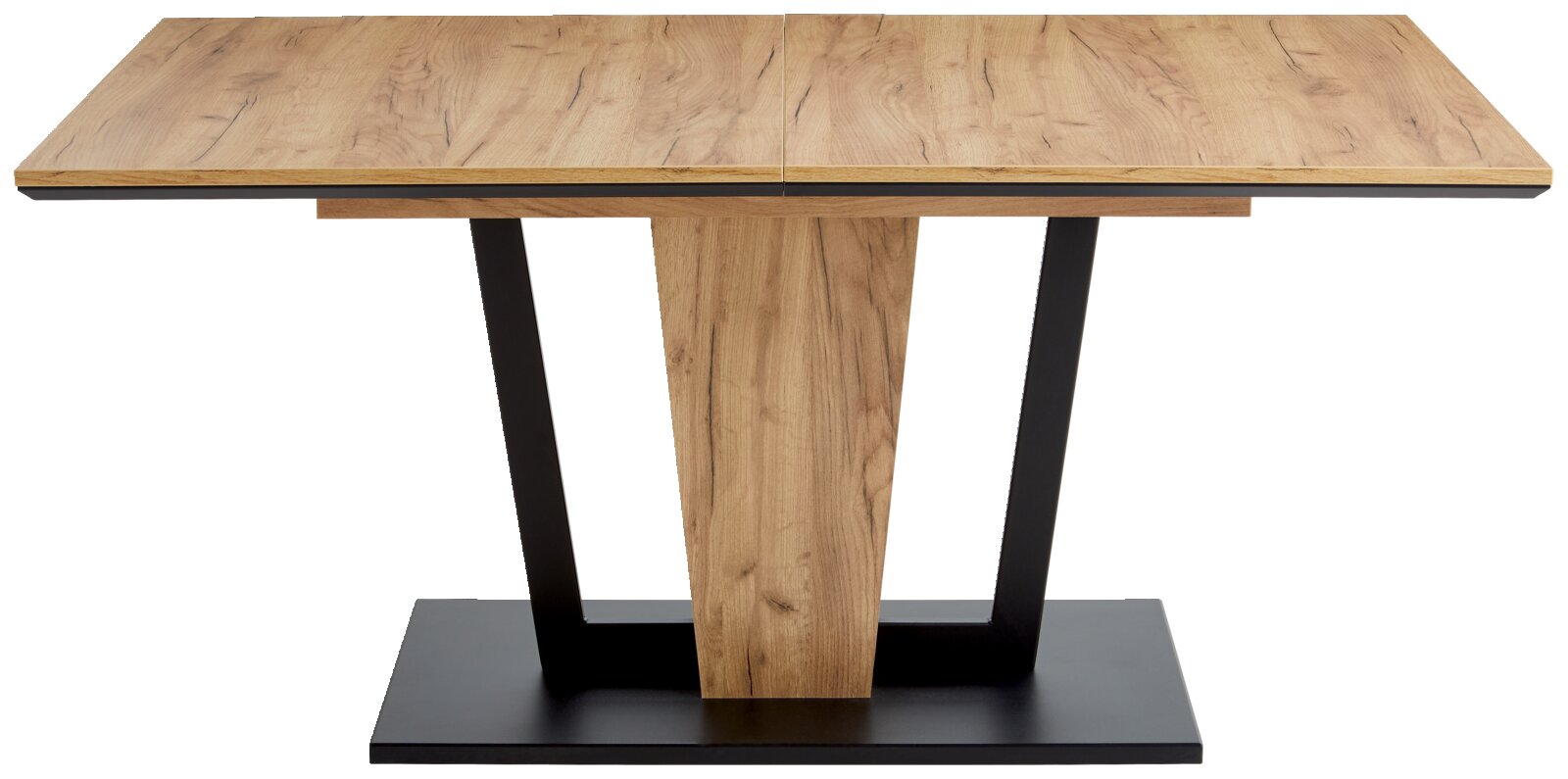 Moderner Esstisch aus Holz mit schwarzem Metallgestell, frontal betrachtet.
