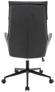 Rückansicht eines schwarzen Chefsessels mit Rollen und hoher Rückenlehne.