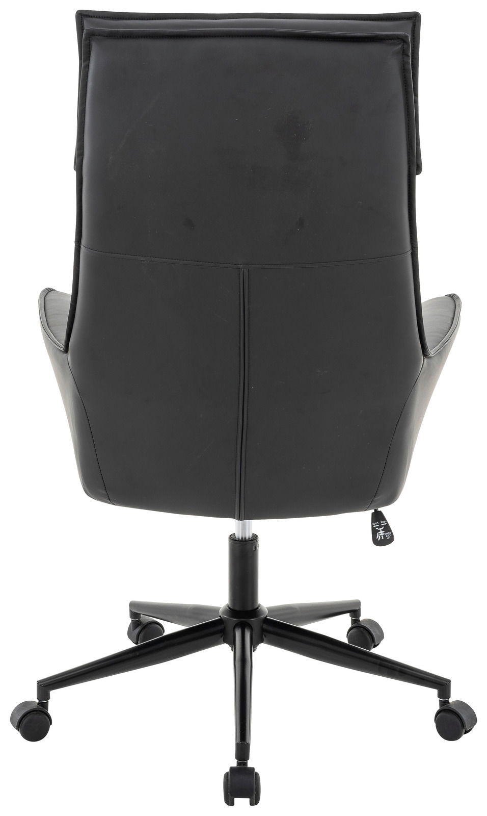 Rückansicht eines schwarzen Chefsessels mit Rollen und hoher Rückenlehne.