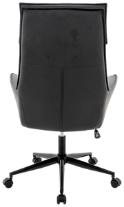 Rückansicht eines schwarzen Chefsessels mit Rollen und hoher Rückenlehne.