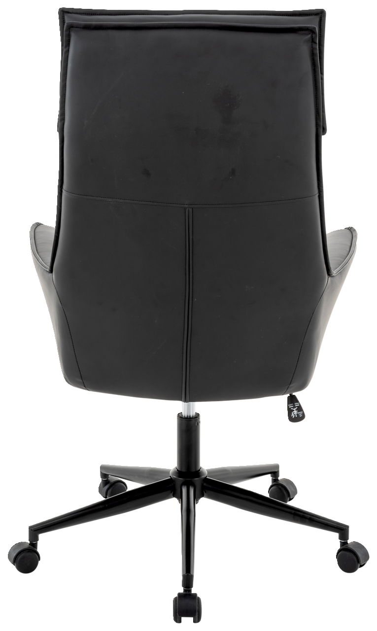 Rückansicht eines schwarzen Chefsessels mit Rollen und hoher Rückenlehne.