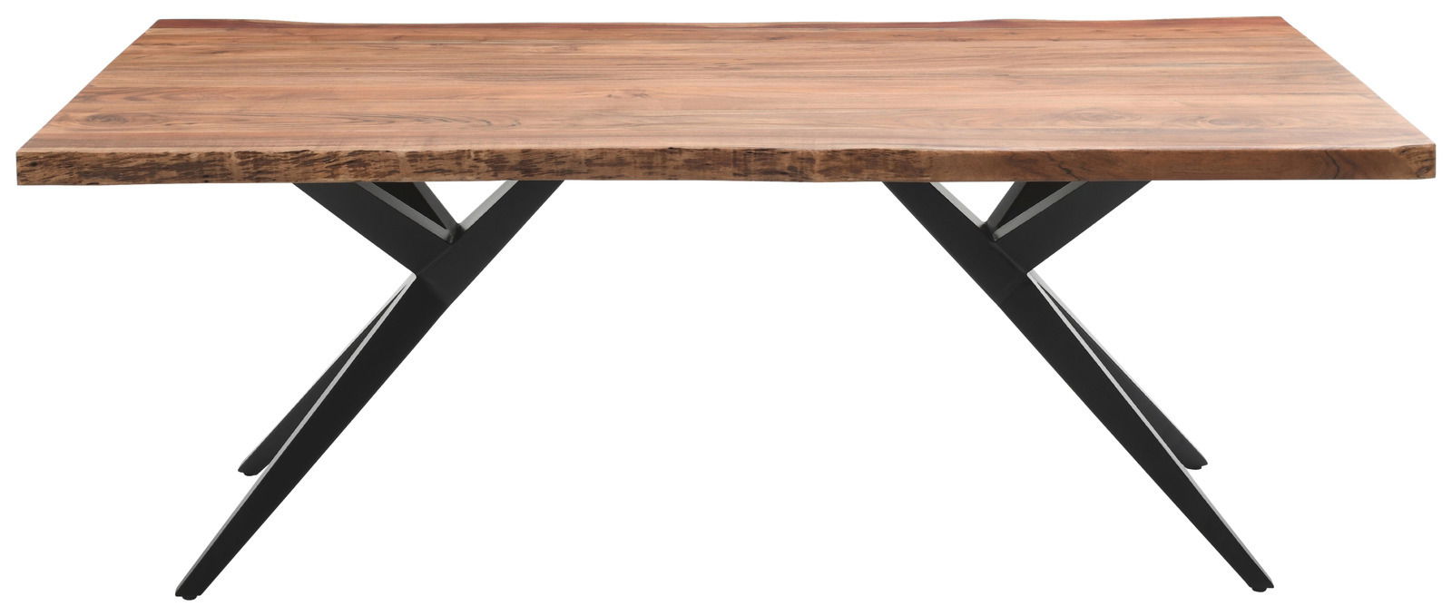 Moderner Esstisch mit Holzplatte und schwarzen Metallbeinen, seitliche Perspektive