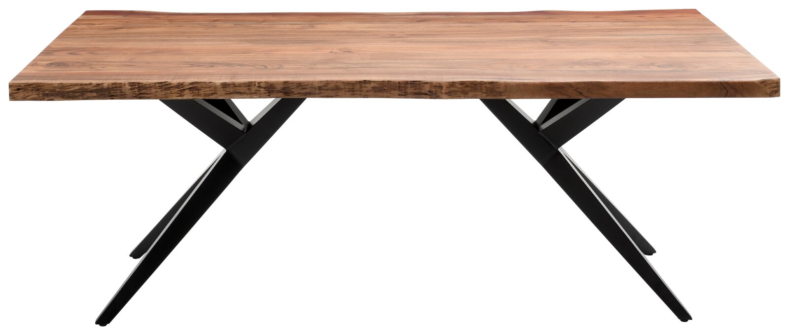 Moderner Esstisch mit Holzplatte und schwarzen Metallbeinen, seitliche Perspektive