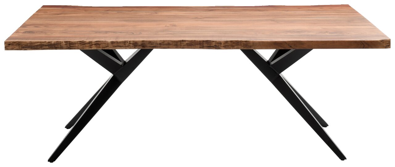 Moderner Esstisch mit Holzplatte und schwarzen Metallbeinen, seitliche Perspektive