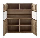 Geöffnetes Highboard aus Holz mit mehreren Fächern und Türen, Frontalansicht