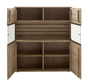 Geöffnetes Highboard aus Holz mit mehreren Fächern und Türen, Frontalansicht