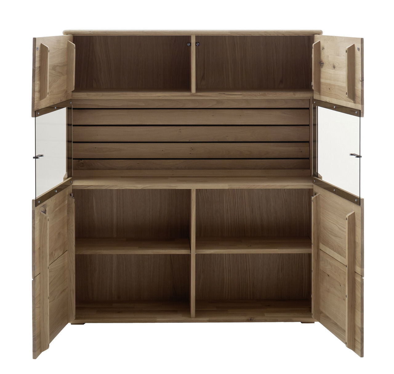 Geöffnetes Highboard aus Holz mit mehreren Fächern und Türen, Frontalansicht