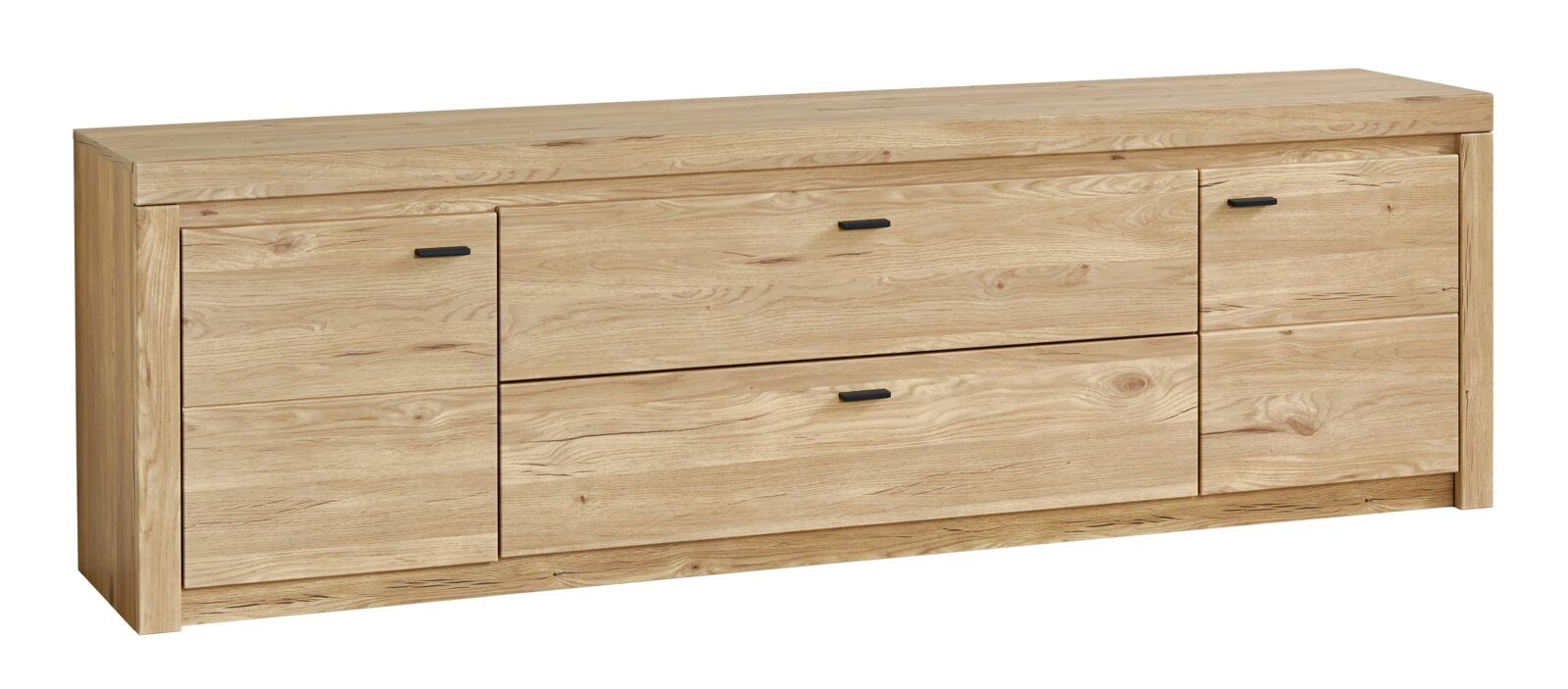 Cantus Lowboard WIEN Breites Sideboard aus hellem Holz mit natürlicher Maserung und schwarzen Griffen, Frontansicht in leichter Schrägperspektive vor weißem Hintergrund