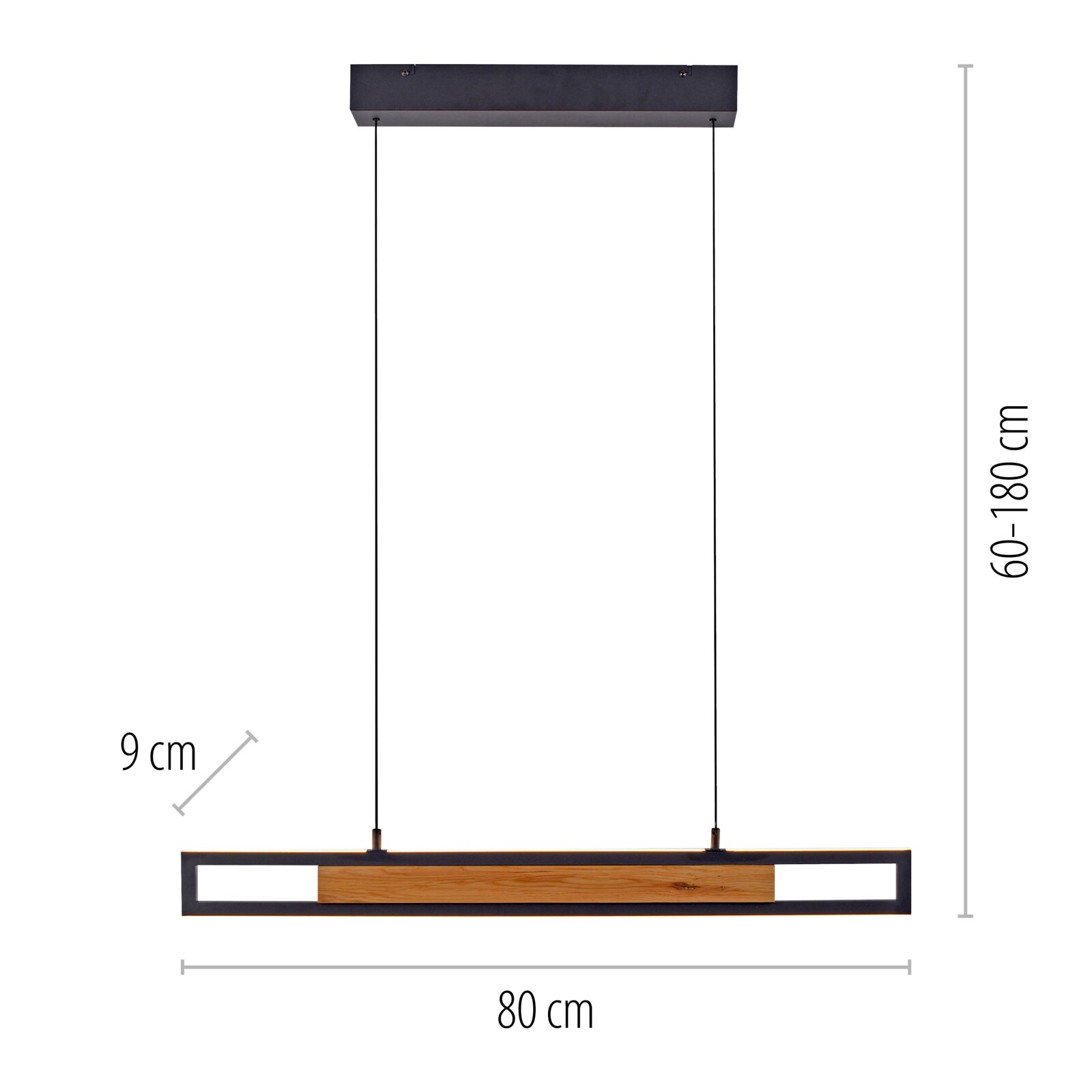 Recht van voren afgebeelde zwarte lineaire hanglamp met houten accent, warm LED-licht en afmetingen van 80 × 9 cm en een hoogte van 60–180 cm.