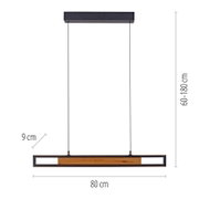 Recht van voren afgebeelde zwarte lineaire hanglamp met houten accent, warm LED-licht en afmetingen van 80 × 9 cm en een hoogte van 60–180 cm.
