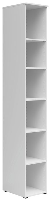 Weißes, hohes Regal mit fünf offenen Fächern, seitliche Perspektive