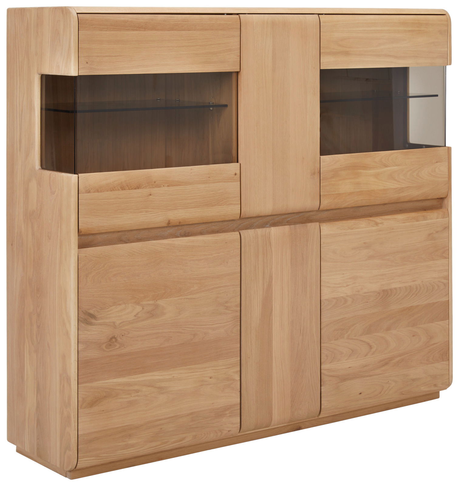 Linea Natura Highboard BERGEN Hochwertiges Highboard aus Holz mit Glasvitrinen, seitliche Perspektive